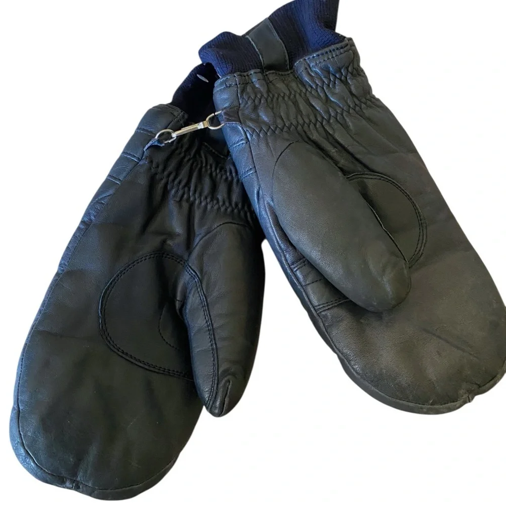 VINTAGE SARAMAC INSULATED BLUE LEATHER SKI MITTENS. One Size Fits up to Size XL